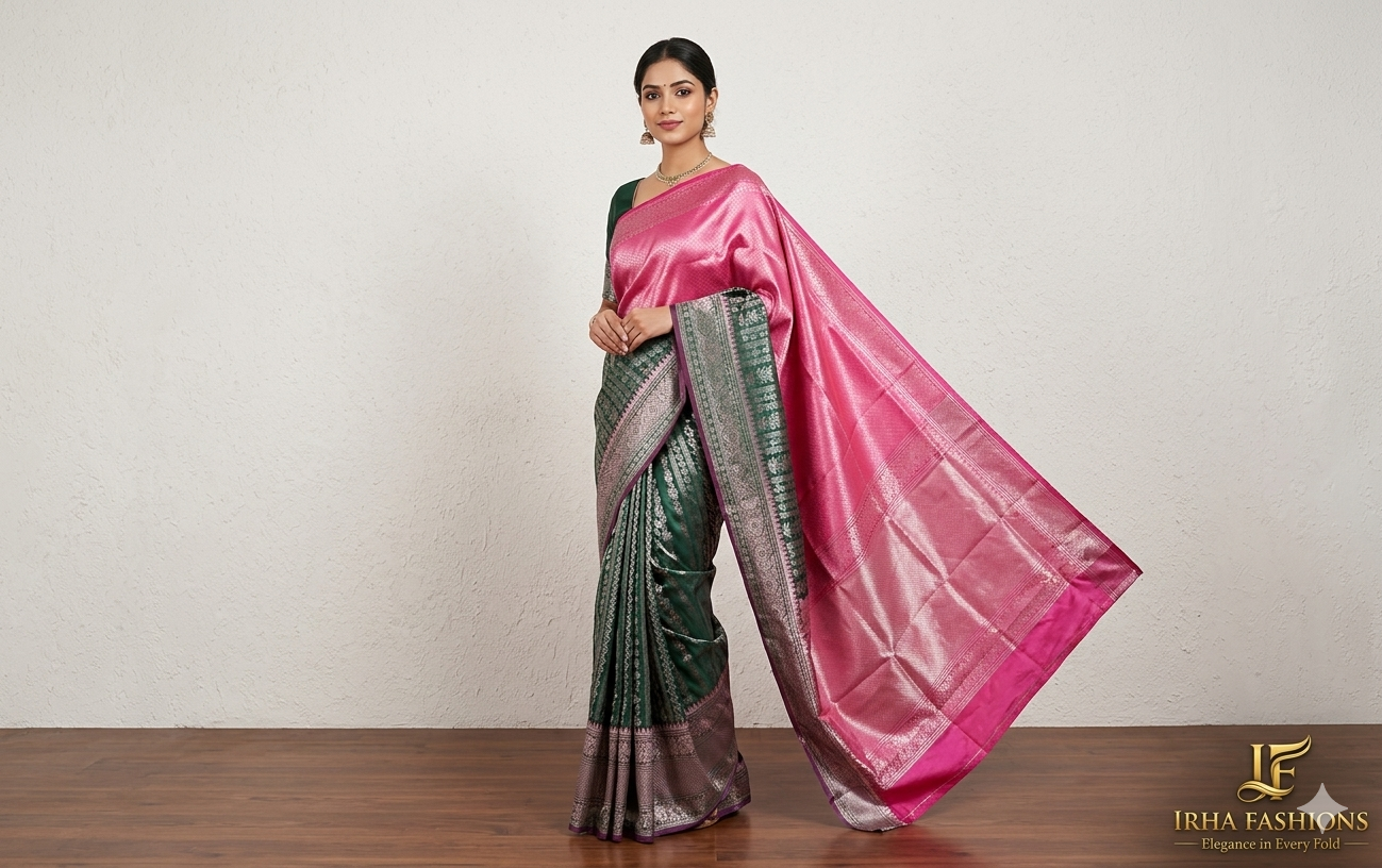 Green and Pink Banarasi Crepe Silk Saree