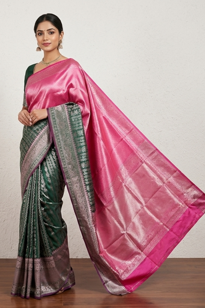 Green and Pink Banarasi Crepe Silk Saree