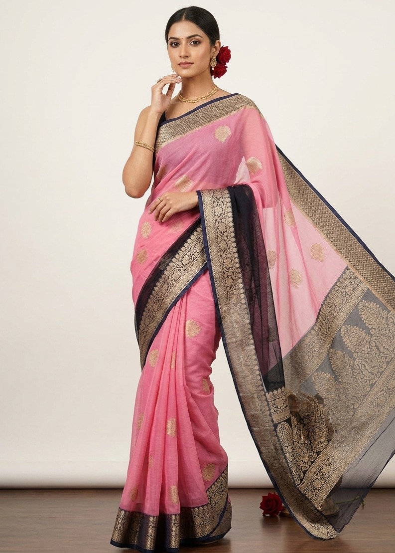 Pink and Blue Kora Organza Silk Saree