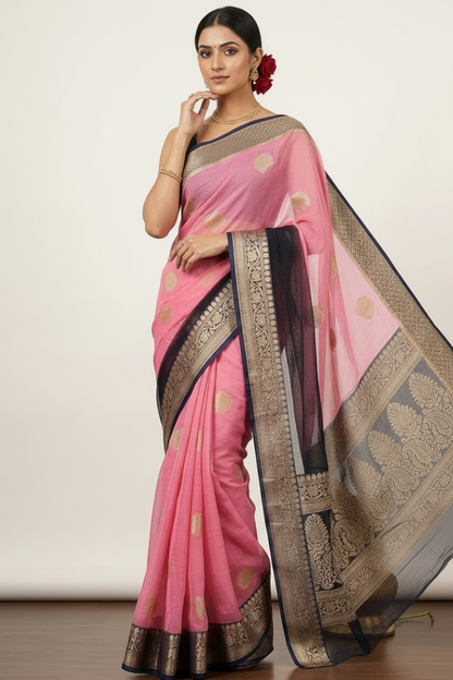 Pink and Blue Kora Organza Silk Saree
