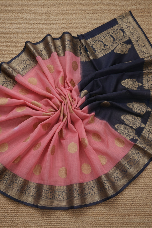 Pink and Blue Kora Organza Silk Saree