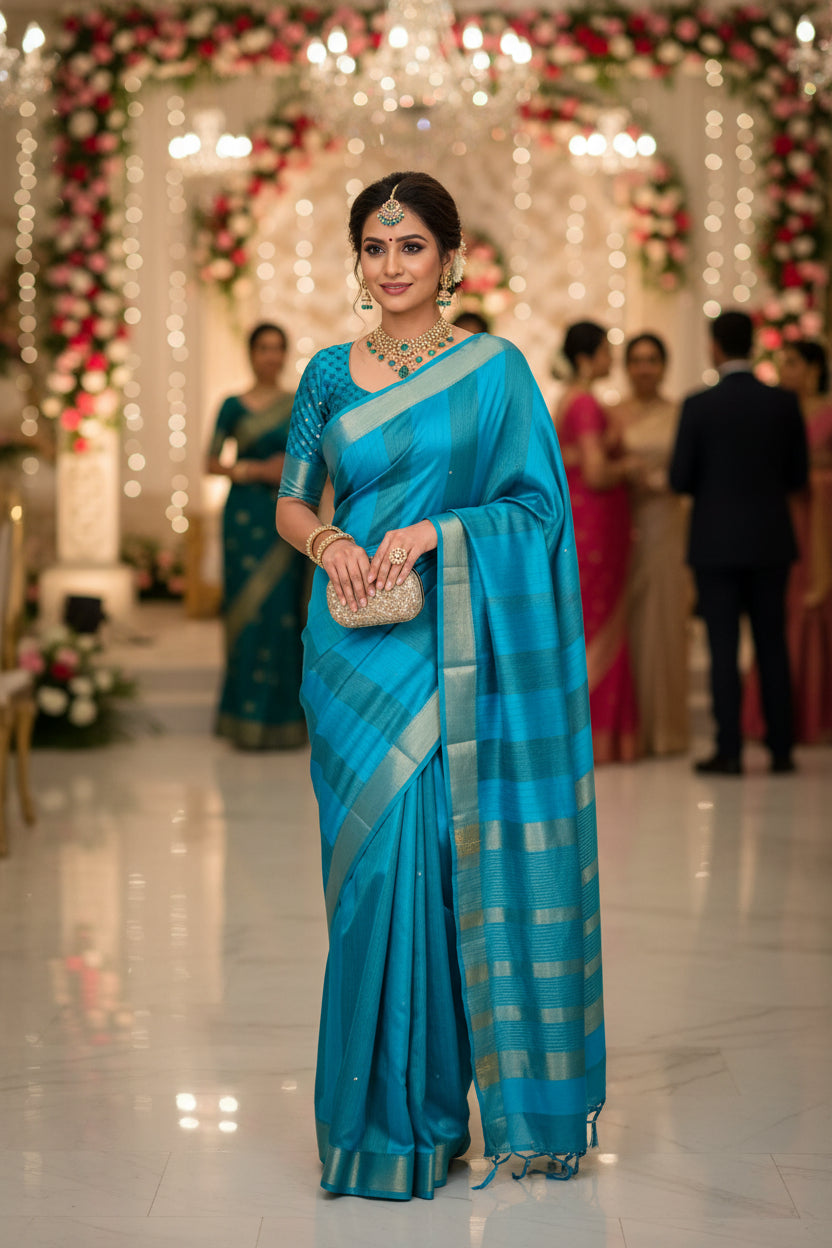 Peacock Blue Soft Silk Saree