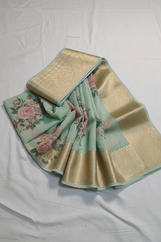 Pastel Green Floral Organza Silk Saree