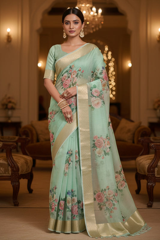 Pastel Green Floral Organza Silk Saree
