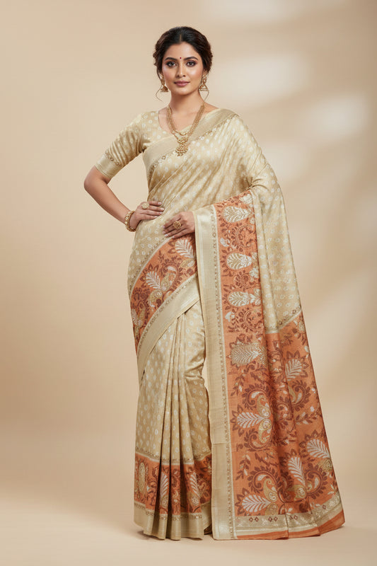 Beige Gold Kota Doria Silk Cotton Saree
