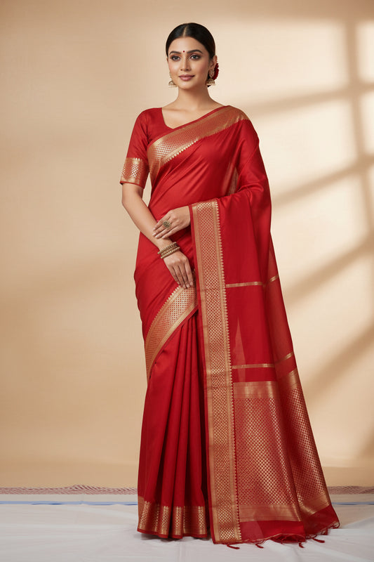 Red Semi Mysore Crepe Silk Saree