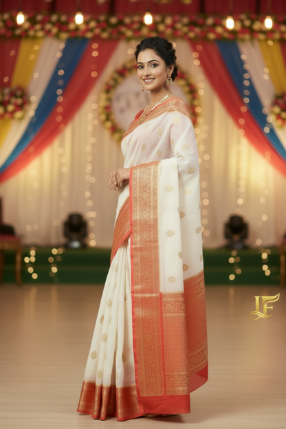 Red and White Kora Organza Silk Double Zaree
