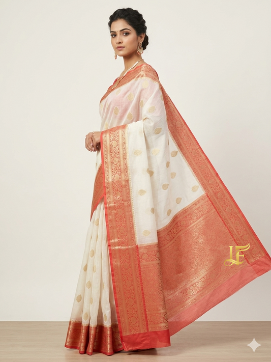 Red and White Kora Organza Silk Double Zaree