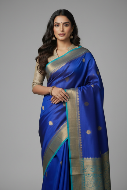 Blue with Skyblue Pure kora Organza Silk Saree