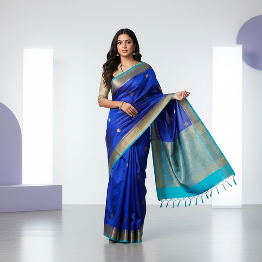 Blue with Skyblue Pure kora Organza Silk Saree
