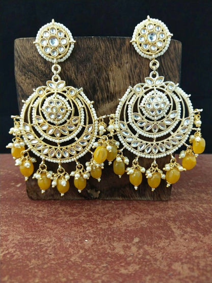 Yellow Pearl Kundan Chandbali Earrings - Original 2