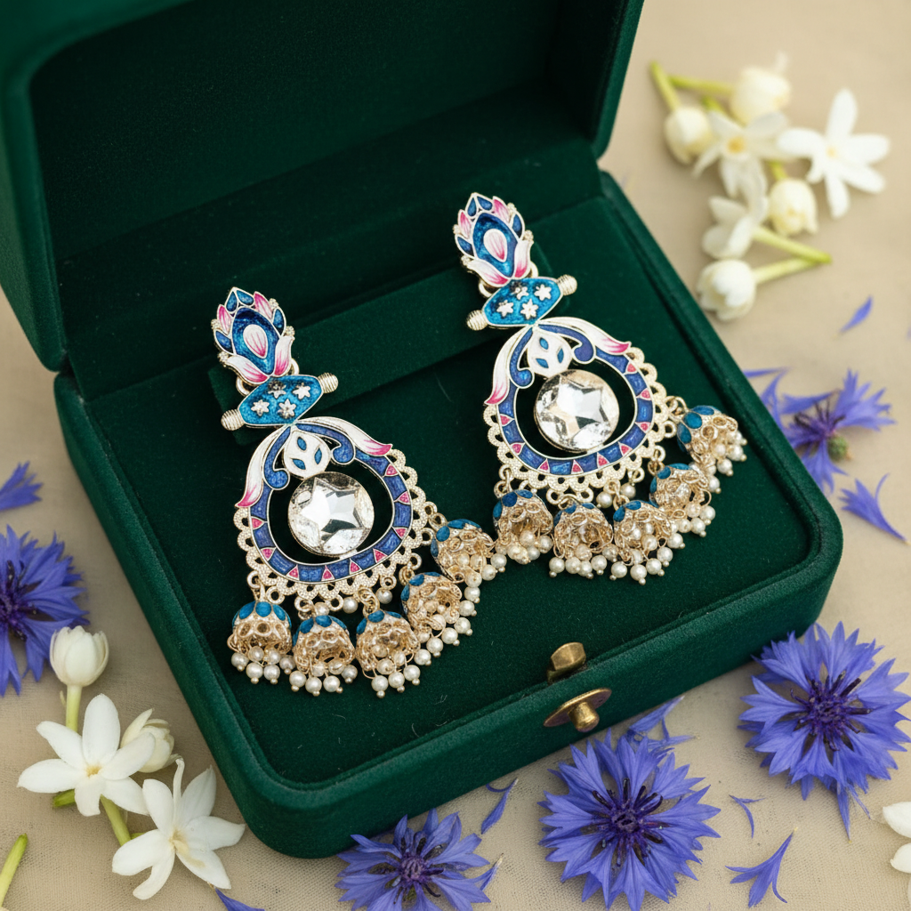 Blue Meenakari Lotus Chandbali Earrings - Green Velvet Box