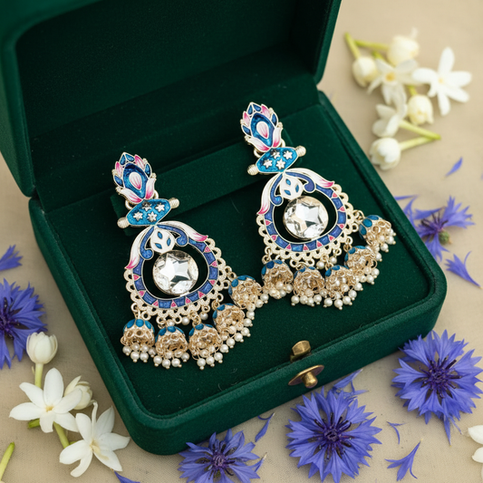 Blue Meenakari Lotus Chandbali Earrings - Green Velvet Box