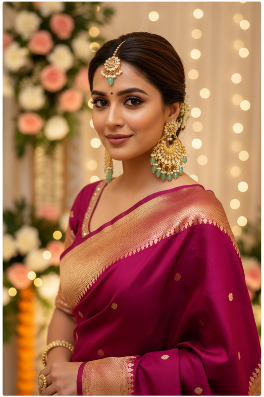 Mint Kundan Chandbali Earrings - full model in magenta saree