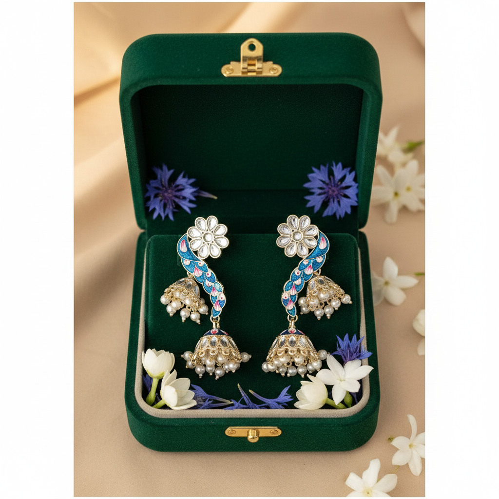 Blue Meenakari Peacock Jhumki Earrings - Green Velvet Box