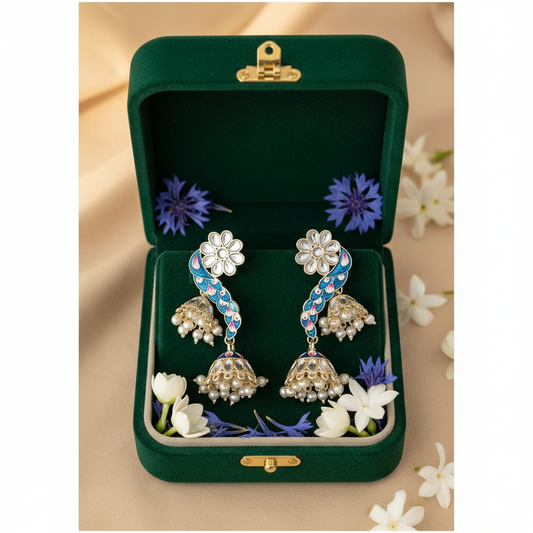 Blue Meenakari Peacock Jhumki Earrings - Green Velvet Box