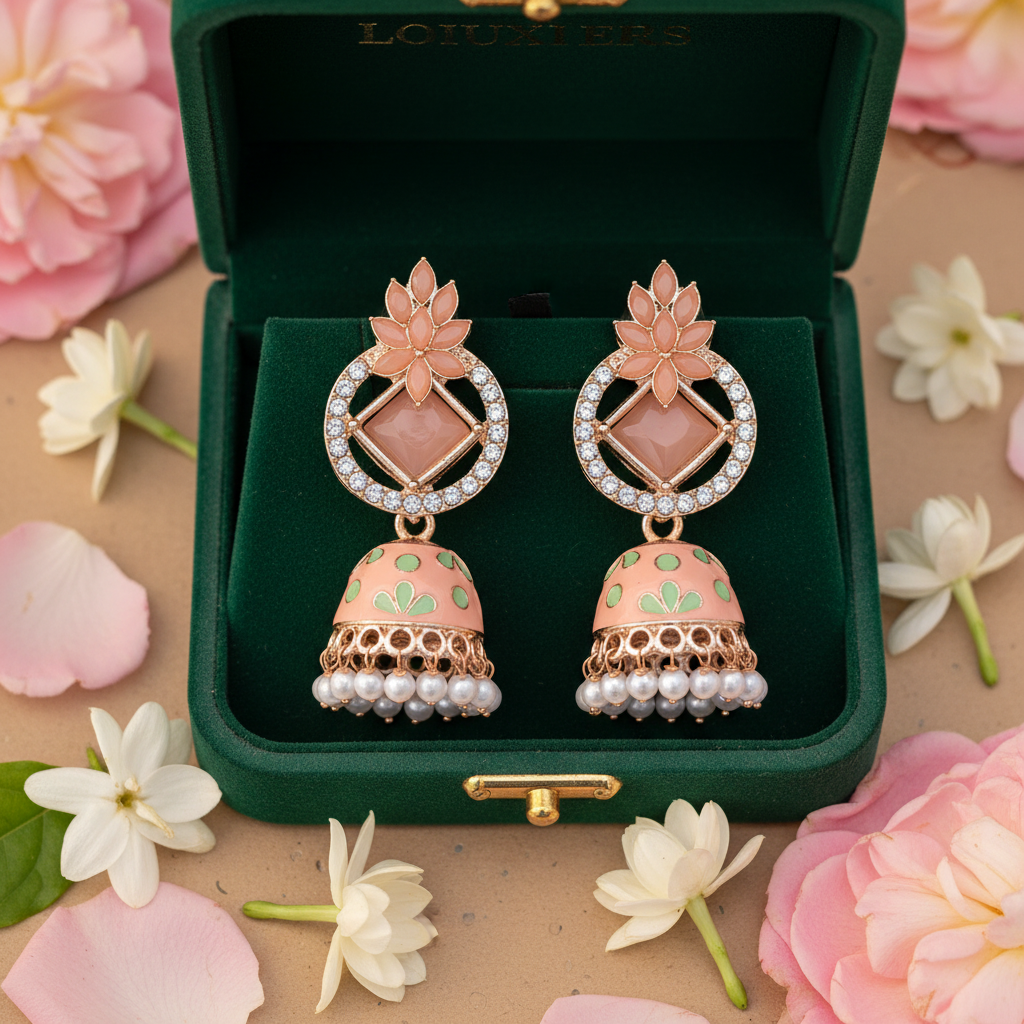 Peach Meenakari Lotus Jhumki Earrings - Green Velvet Box