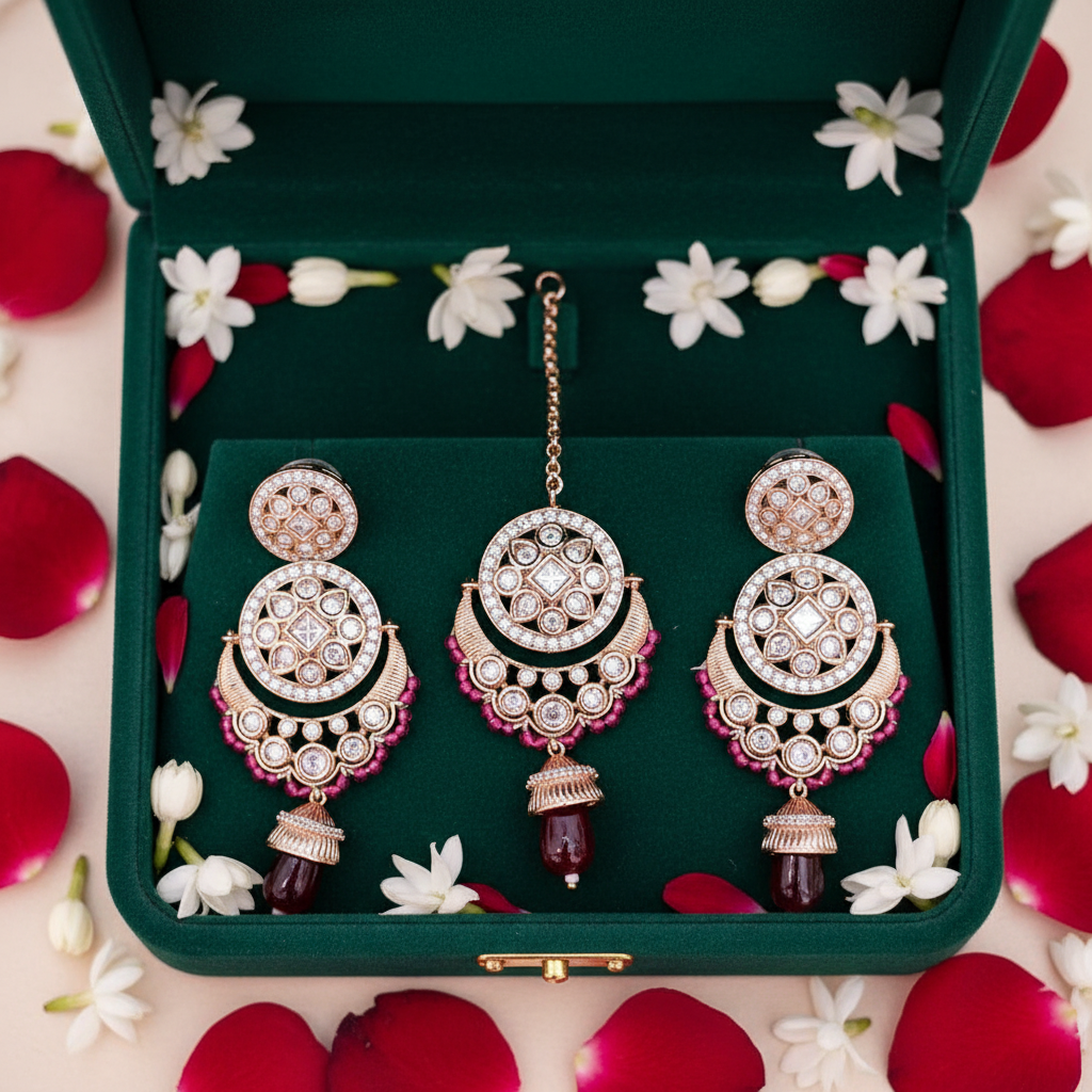 Rose Gold Diamond Kundan Chandbali Set - Green Velvet Box