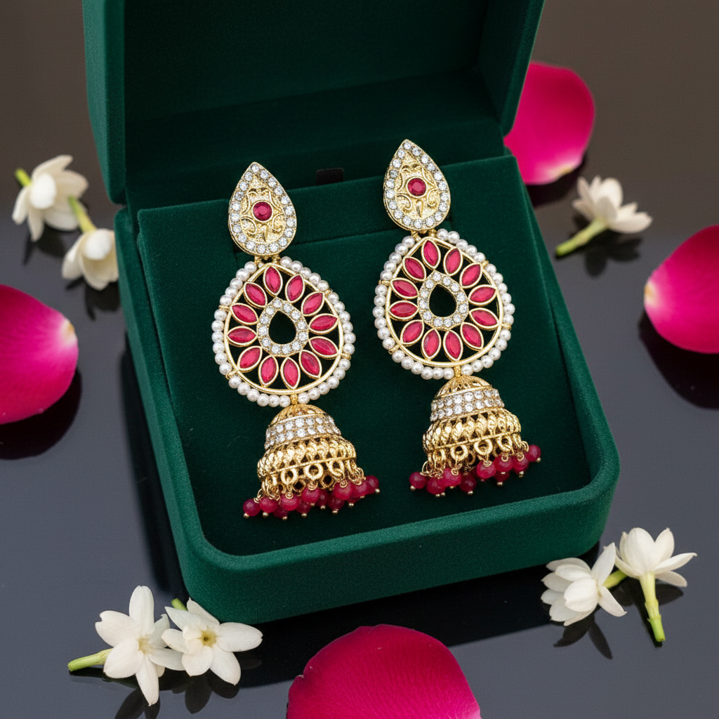 Pink Ruby Crystal Chandbali Jhumki Earrings - Green Velvet Box