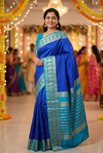 Model wearing royal blue and turquoise saree at a festive function