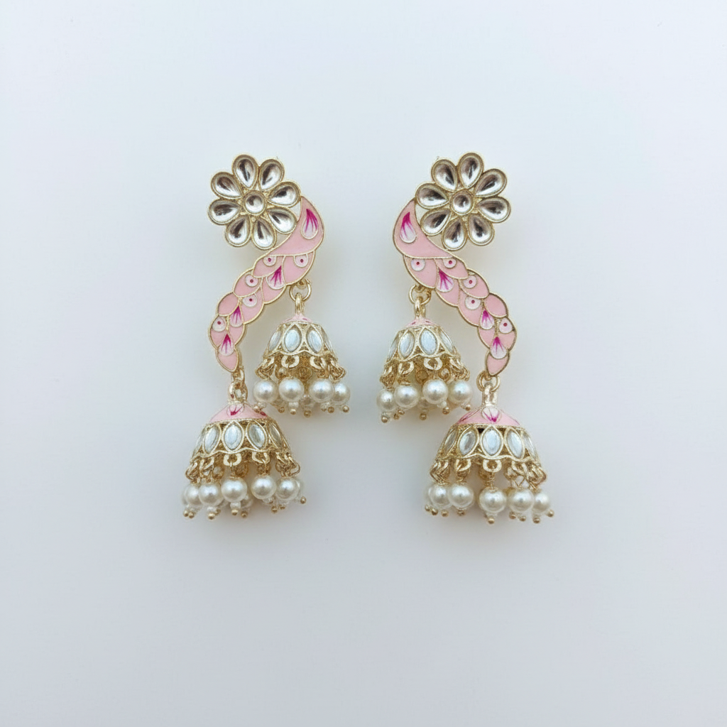 Pink Meenakari Peacock Triple Jhumki Earrings - White Background