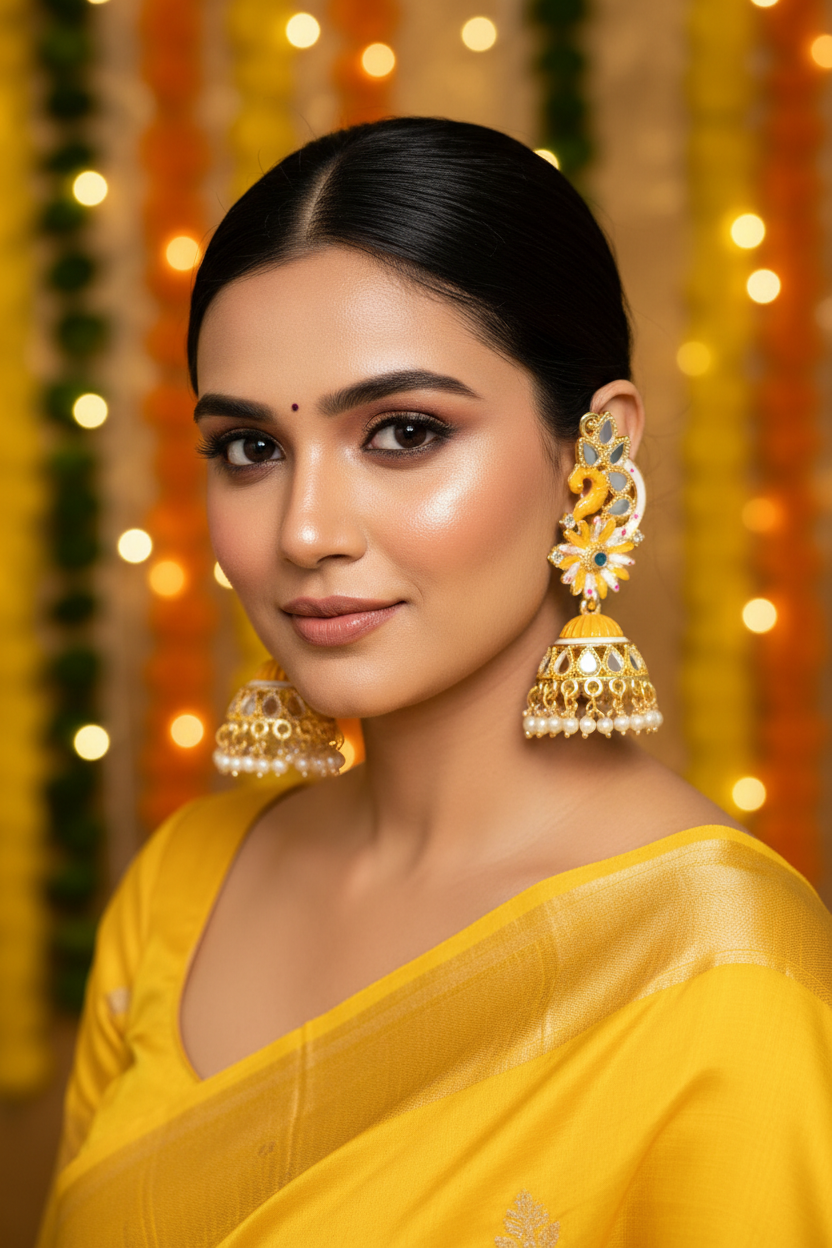 Yellow Meenakari Peacock Jhumki Earrings - Model Festive