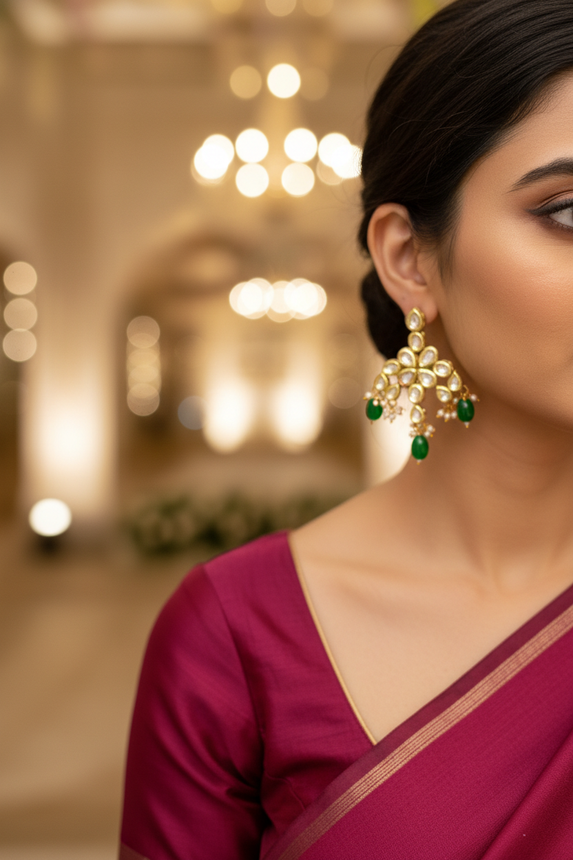 Emerald Kundan Earrings - earring close-up on model