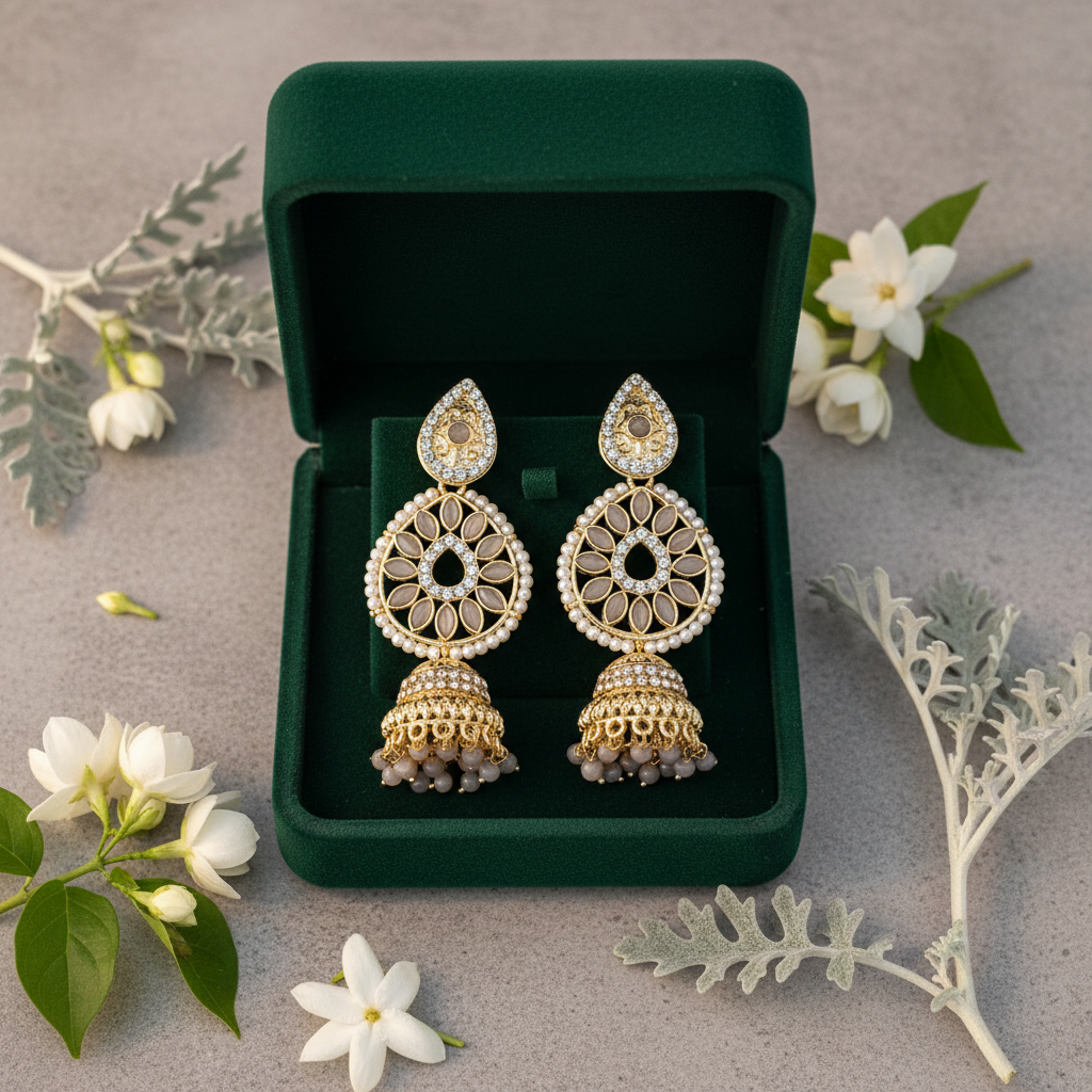 Grey Crystal Chandbali Jhumki Earrings - Green Velvet Box