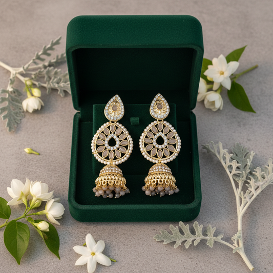 Grey Crystal Chandbali Jhumki Earrings - Green Velvet Box