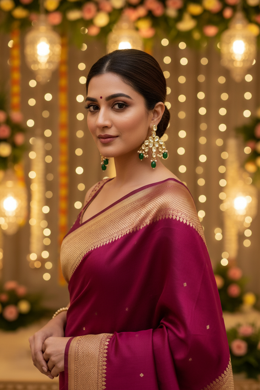 Emerald Kundan Earrings - full model in magenta saree