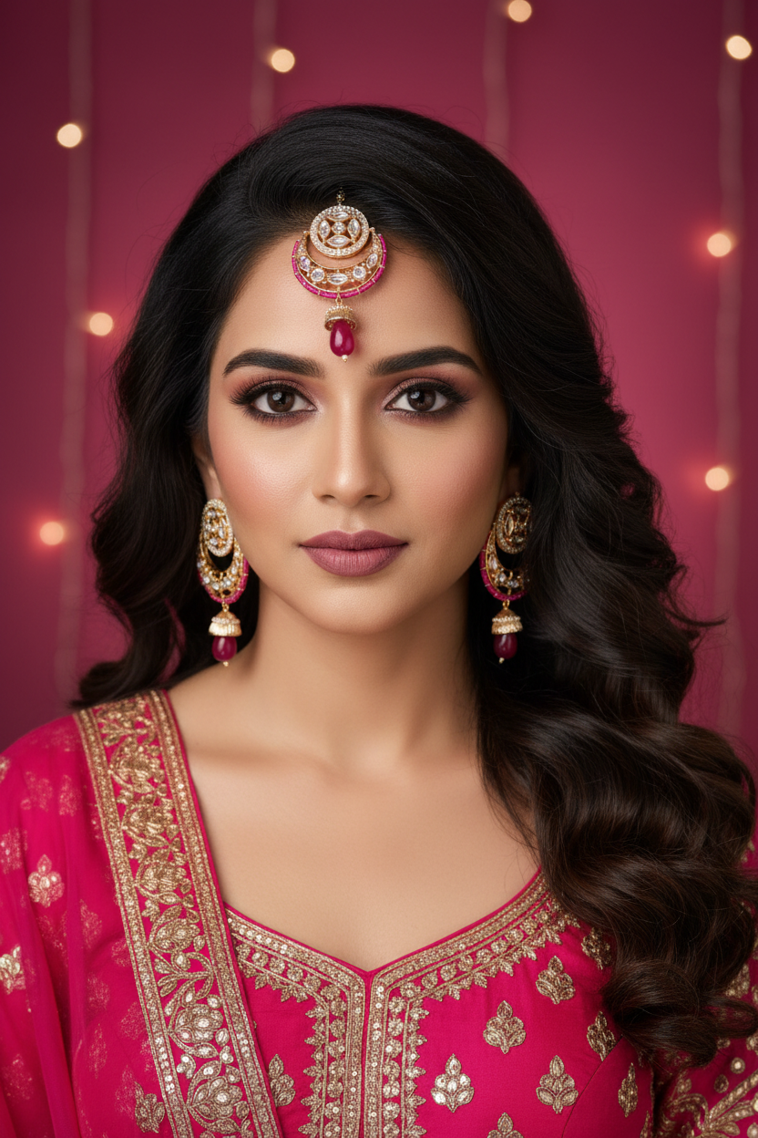 Pink Magenta Kundan Chandbali Set - Model