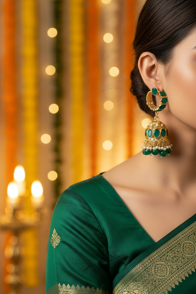 Emerald Kundan Hoop Jhumki Earrings - Model Festive