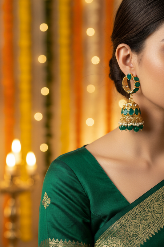 Emerald Kundan Hoop Jhumki Earrings - Model Festive