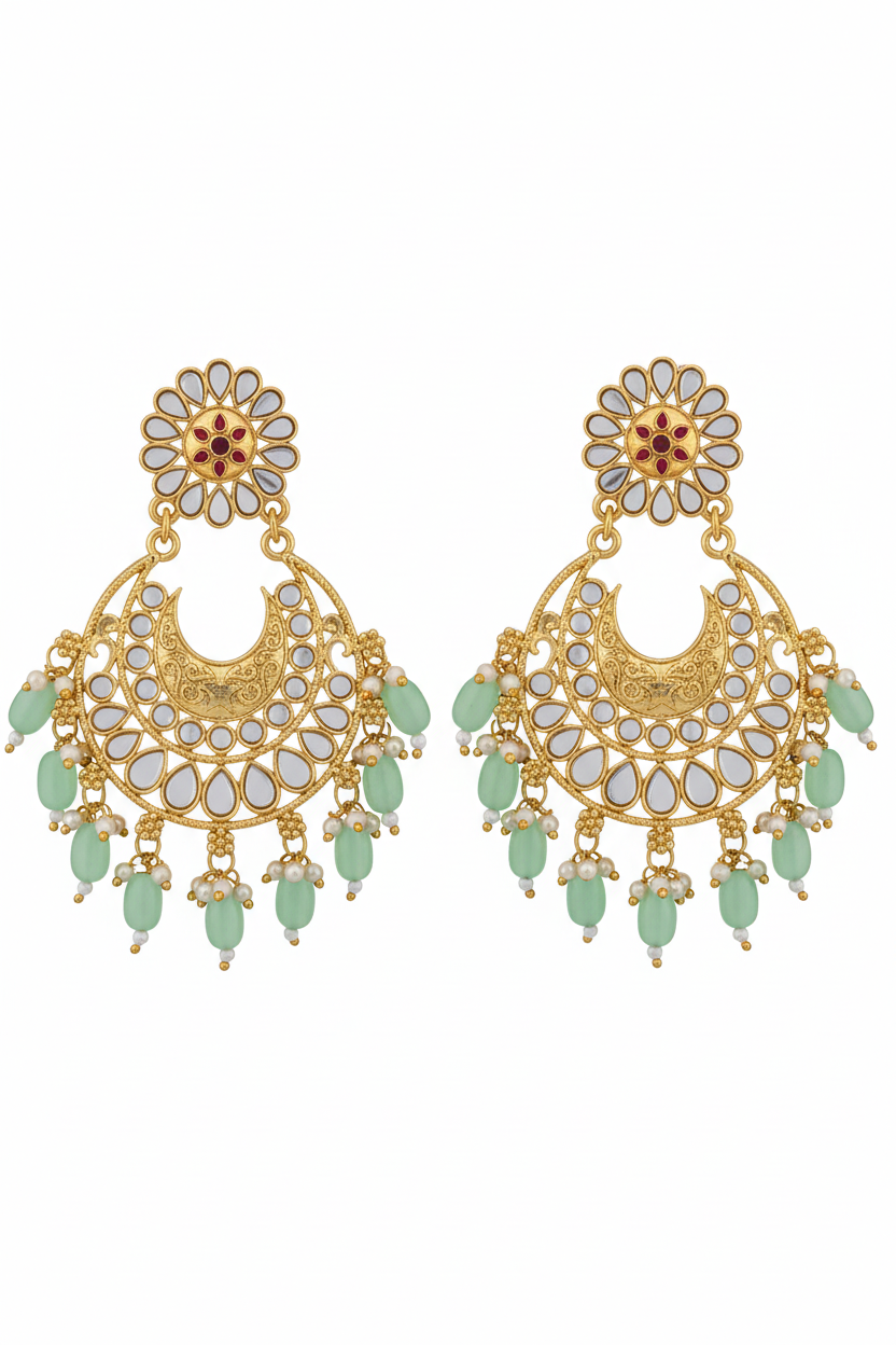 Mint Kundan Chandbali Earrings - white background