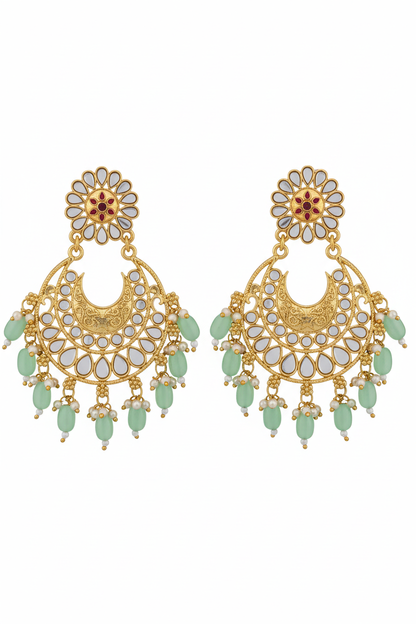 Mint Kundan Chandbali Earrings - white background