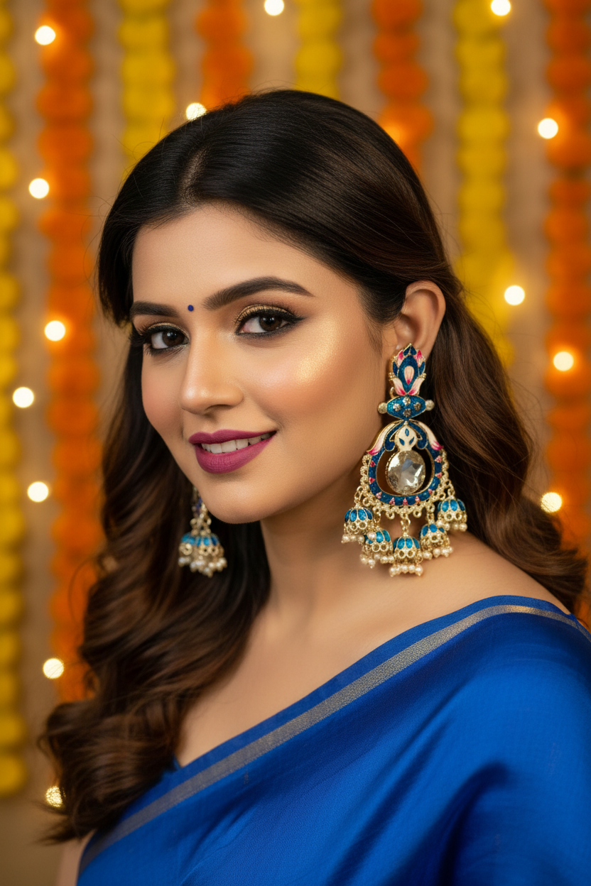Blue Meenakari Lotus Chandbali Earrings - Model Festive