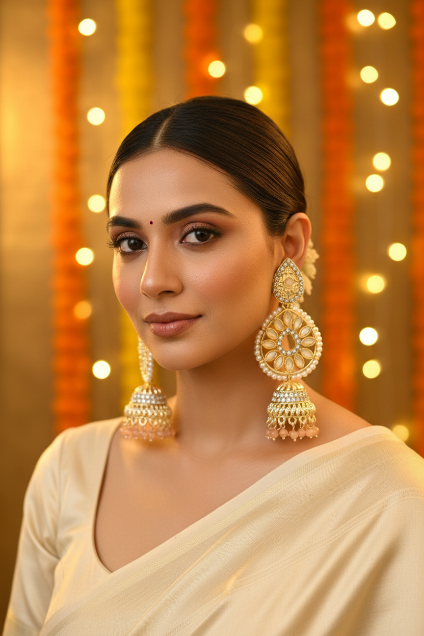 White Cream Crystal Chandbali Jhumki Earrings - Model Festive