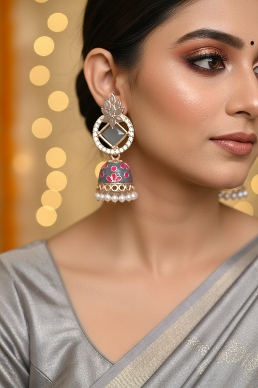 Grey and Pink Meenakari Lotus Jhumki Earrings - Model Festive