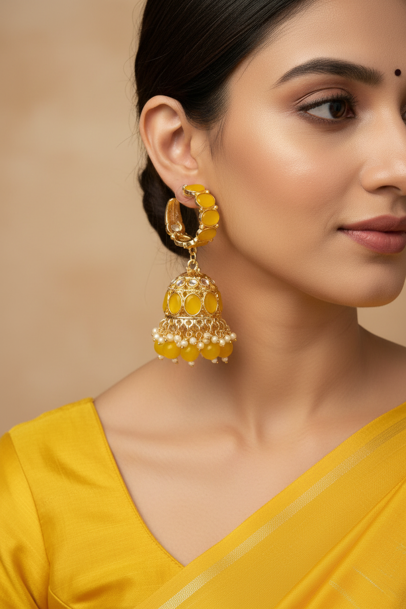 Yellow Kundan Hoop Jhumki Earrings - Model Close-up