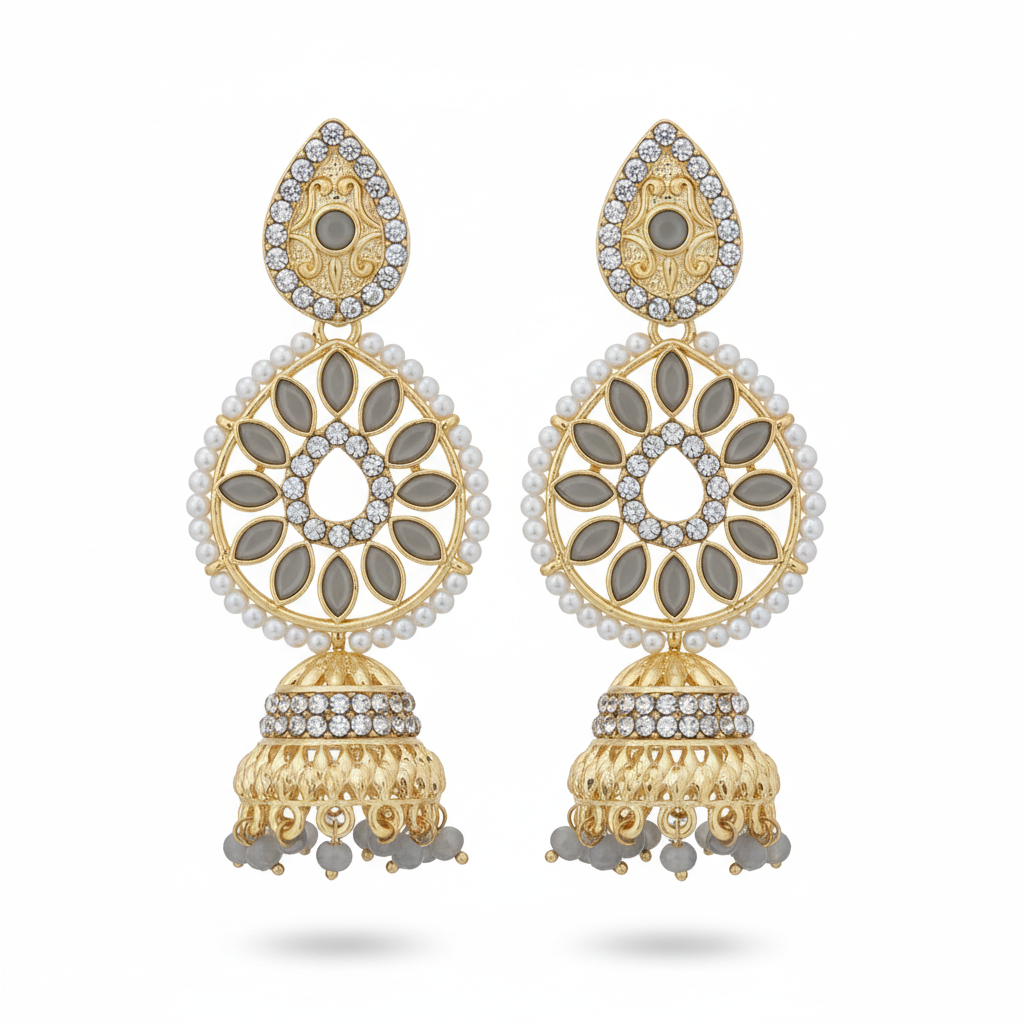 Grey Crystal Chandbali Jhumki Earrings - White Background