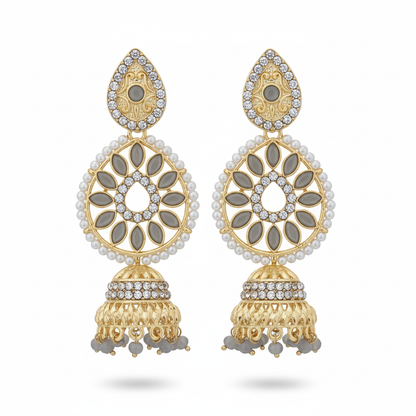 Grey Crystal Chandbali Jhumki Earrings - White Background