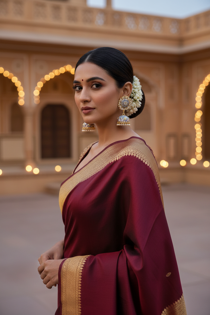 Grey Meenakari Kundan Jhumki Earrings - full model wine saree palace courtyard