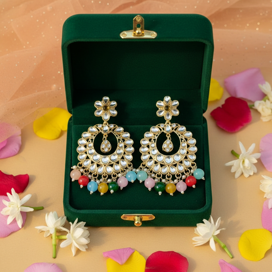 Multicolour Kundan Chandbali Earrings - Green Velvet Box