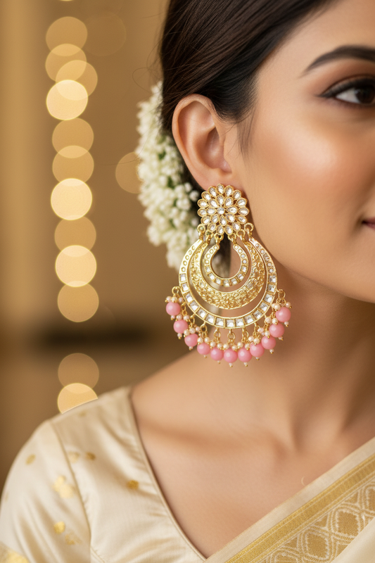 Light Pink Designer Chandbali Earrings - earring close-up on model