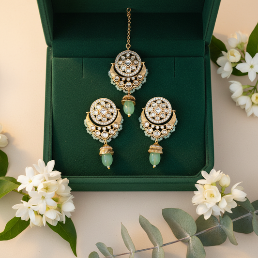 Sage Green Kundan Chandbali Set - Green Velvet Box