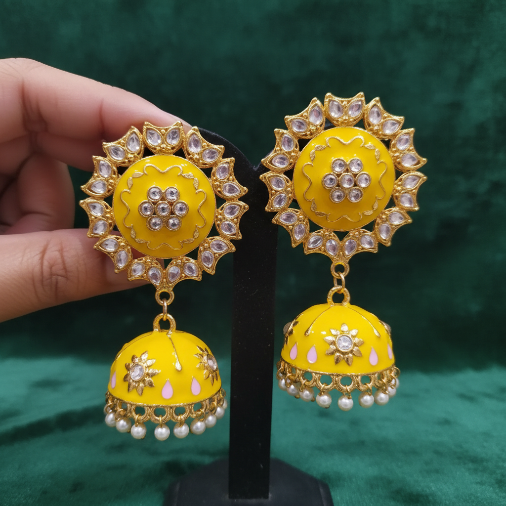 Yellow Meenakari Kundan Jhumki Earrings - Velvet Display