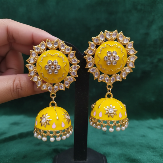 Yellow Meenakari Kundan Jhumki Earrings - Velvet Display