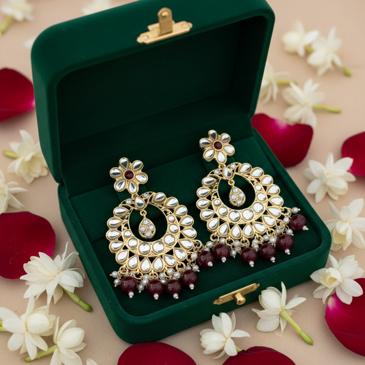 Maroon Kundan Chandbali Earrings - Green Velvet Box