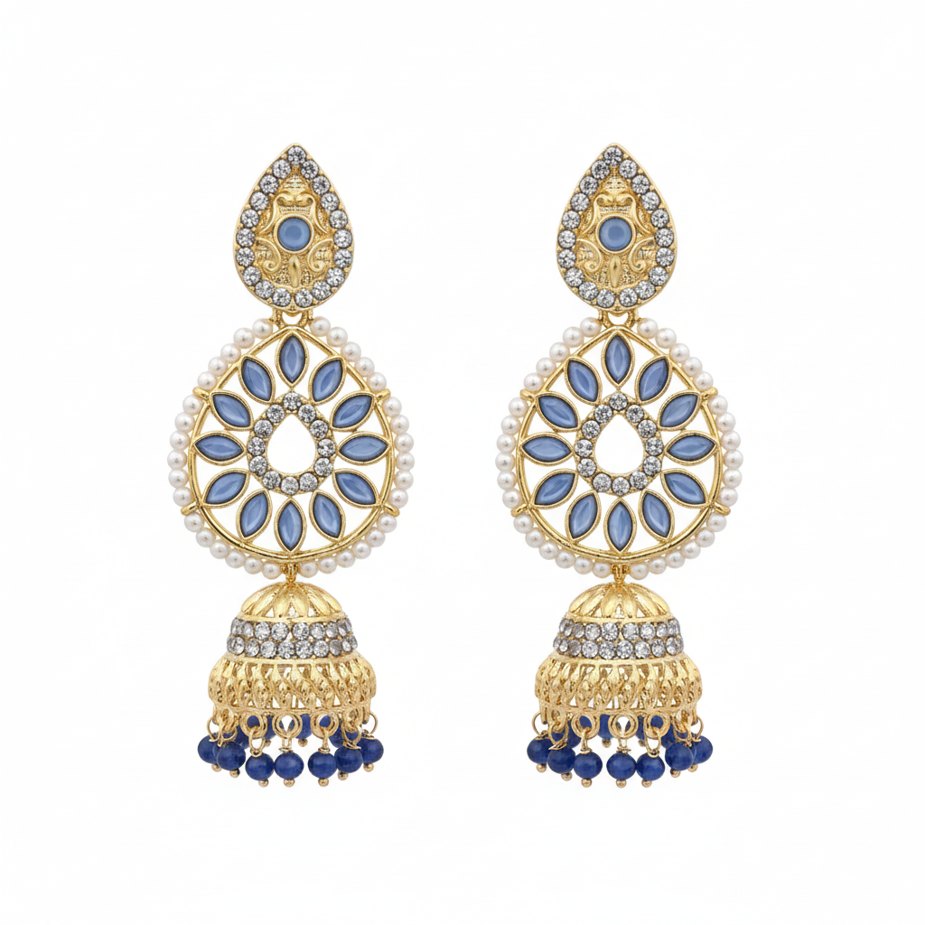 Blue Crystal Chandbali Jhumki Earrings - White Background