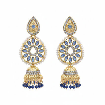 Blue Crystal Chandbali Jhumki Earrings - White Background